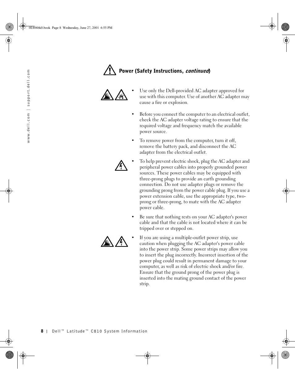 Power (safety instructions, continued) | Dell Latitude C810 User Manual | Page 10 / 146