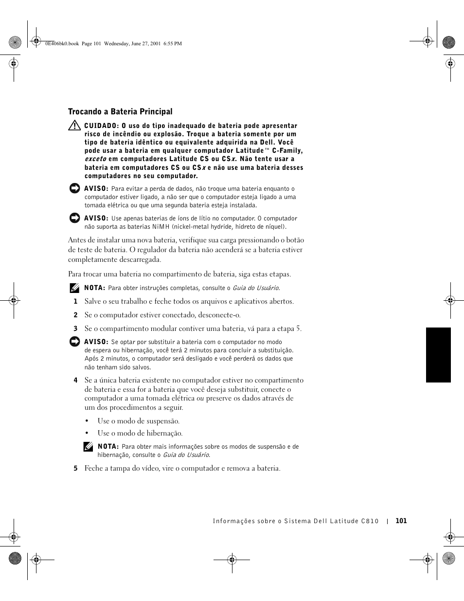 Trocando a bateria principal | Dell Latitude C810 User Manual | Page 103 / 146