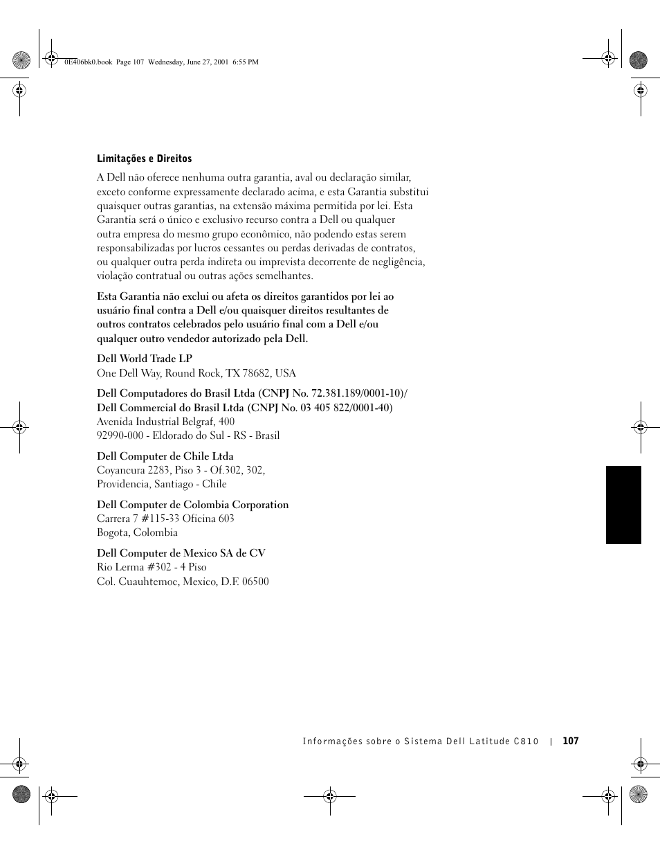 Limitações e direitos | Dell Latitude C810 User Manual | Page 109 / 146