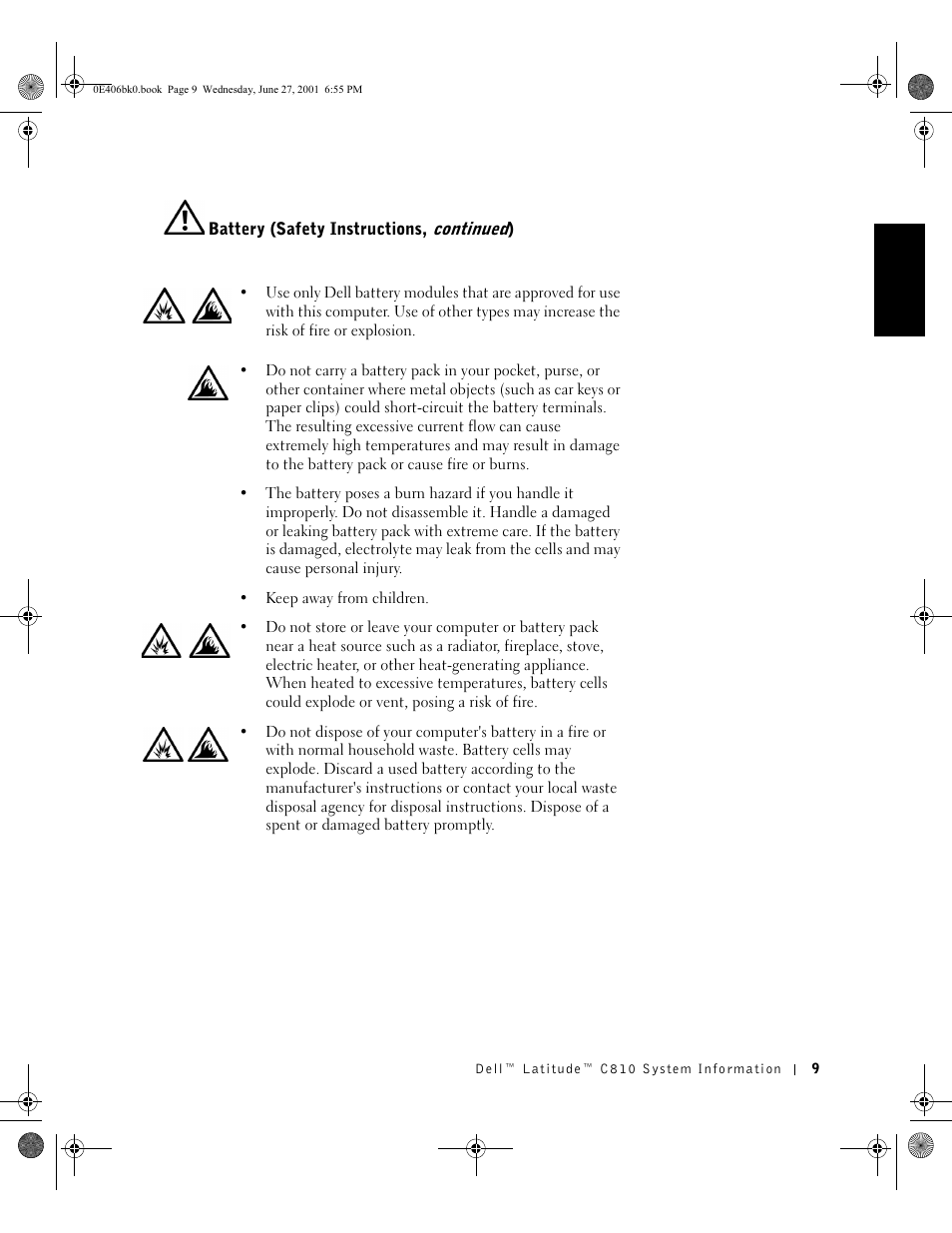 Battery (safety instructions, continued) | Dell Latitude C810 User Manual | Page 11 / 146