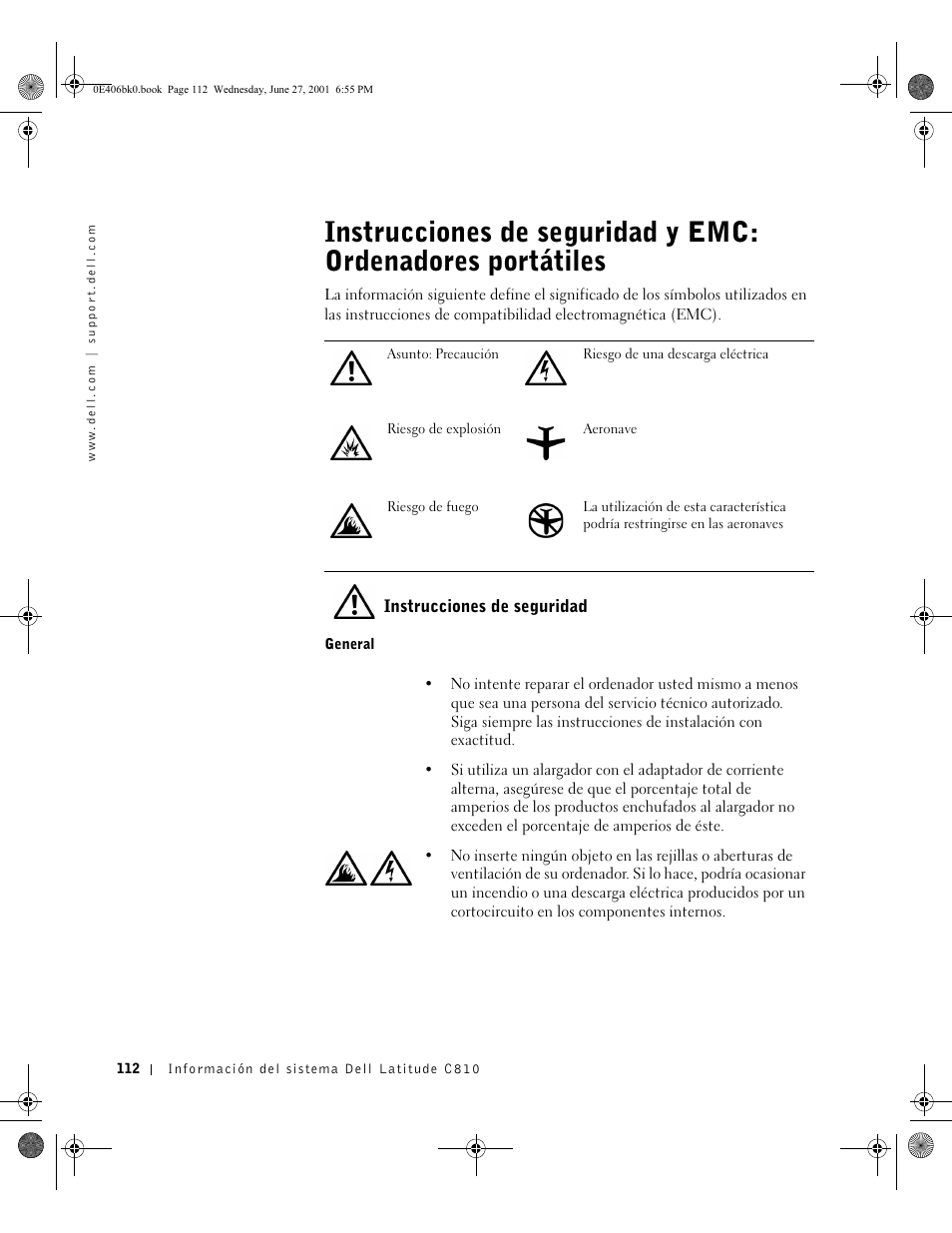 Instrucciones de seguridad, General | Dell Latitude C810 User Manual | Page 114 / 146