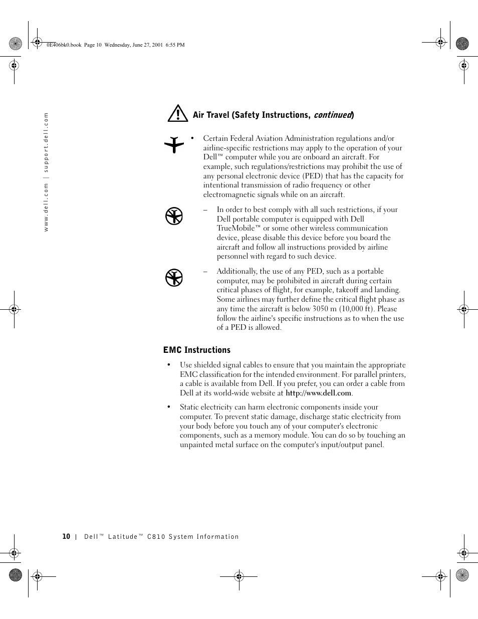 Air travel (safety instructions, continued), Emc instructions | Dell Latitude C810 User Manual | Page 12 / 146