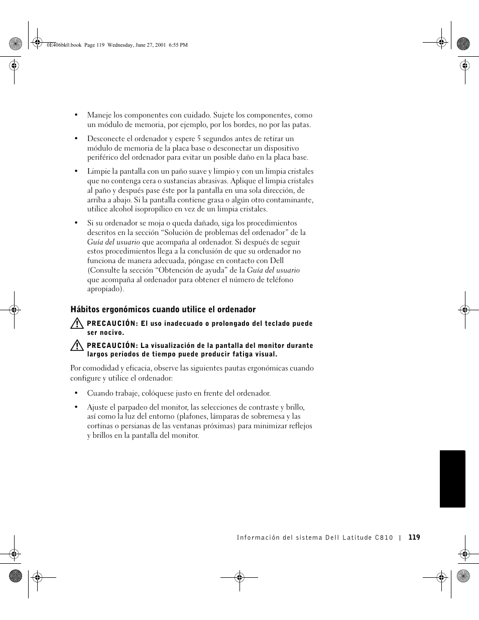 Hábitos ergonómicos cuando utilice el ordenador | Dell Latitude C810 User Manual | Page 121 / 146