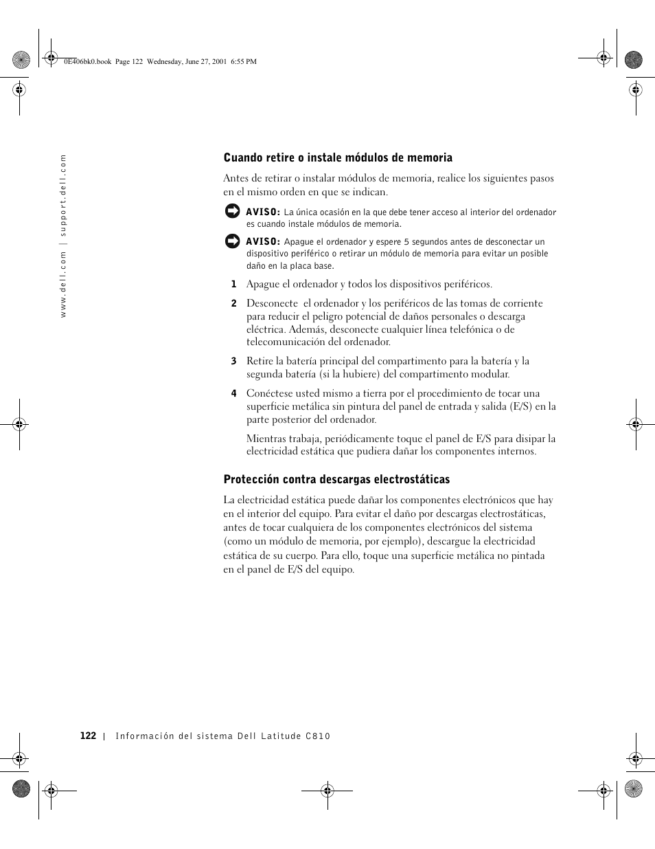 Cuando retire o instale módulos de memoria, Protección contra descargas electrostáticas | Dell Latitude C810 User Manual | Page 124 / 146