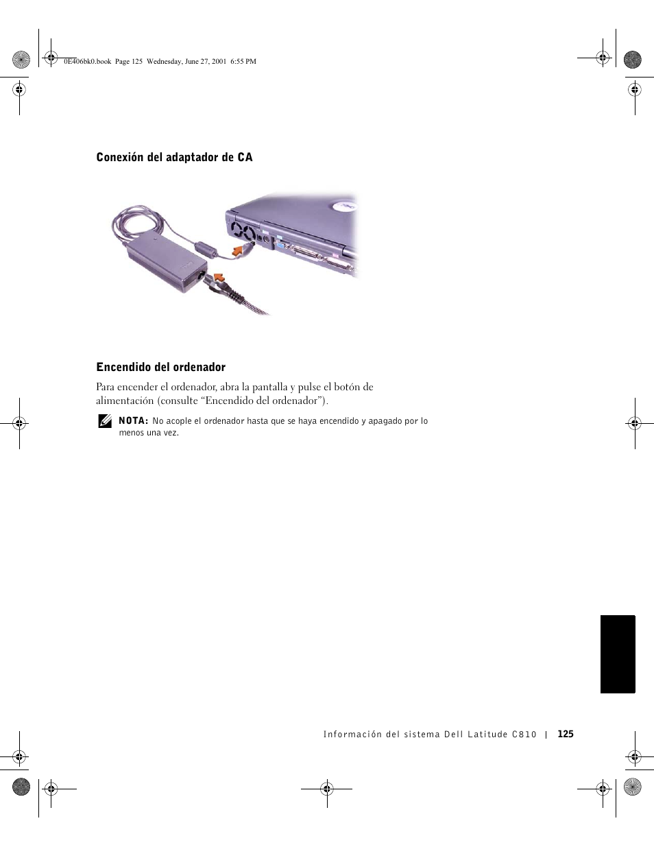 Conexión del adaptador de ca, Encendido del ordenador | Dell Latitude C810 User Manual | Page 127 / 146
