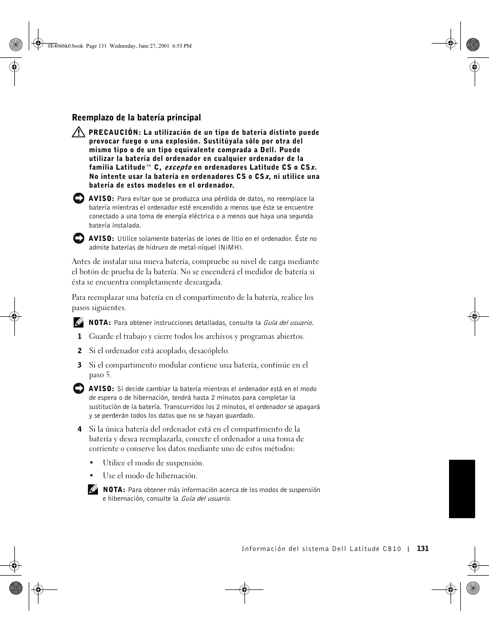 Reemplazo de la batería principal | Dell Latitude C810 User Manual | Page 133 / 146