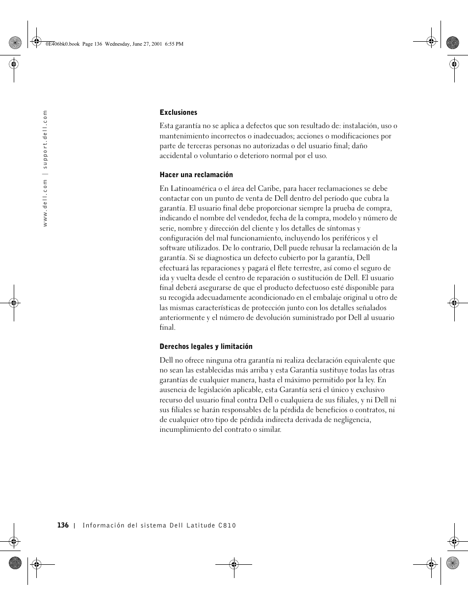 Exclusiones, Hacer una reclamación, Derechos legales y limitación | Dell Latitude C810 User Manual | Page 138 / 146