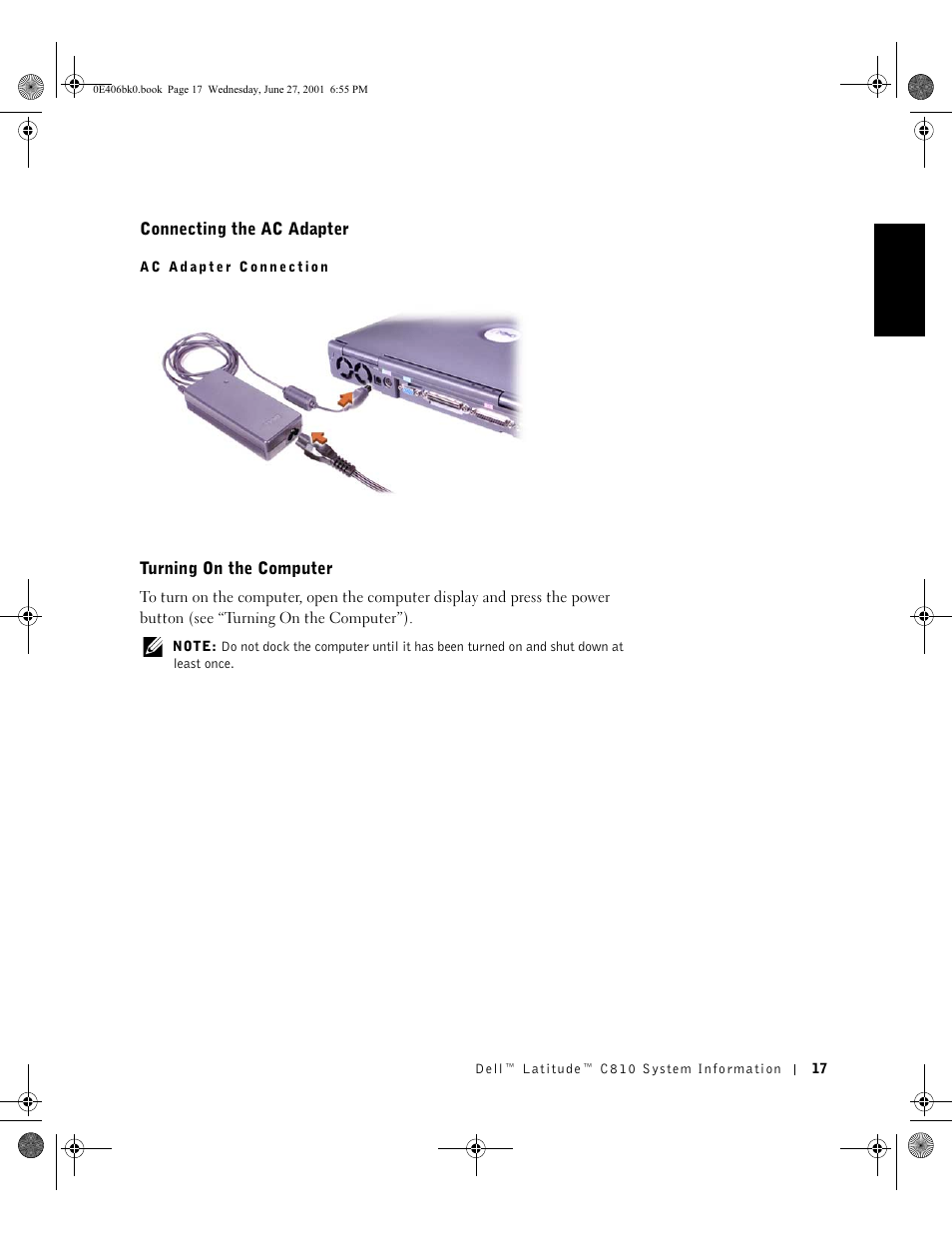 Connecting the ac adapter, Turning on the computer | Dell Latitude C810 User Manual | Page 19 / 146