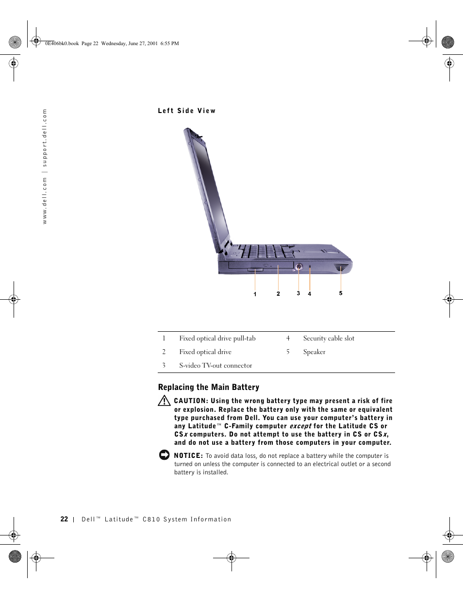 Replacing the main battery | Dell Latitude C810 User Manual | Page 24 / 146