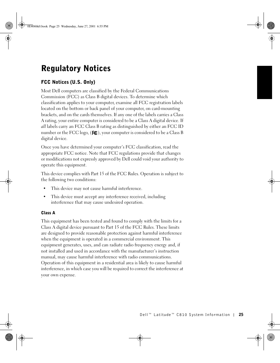 Regulatory notices, Fcc notices (u.s. only), Class a | Dell Latitude C810 User Manual | Page 27 / 146