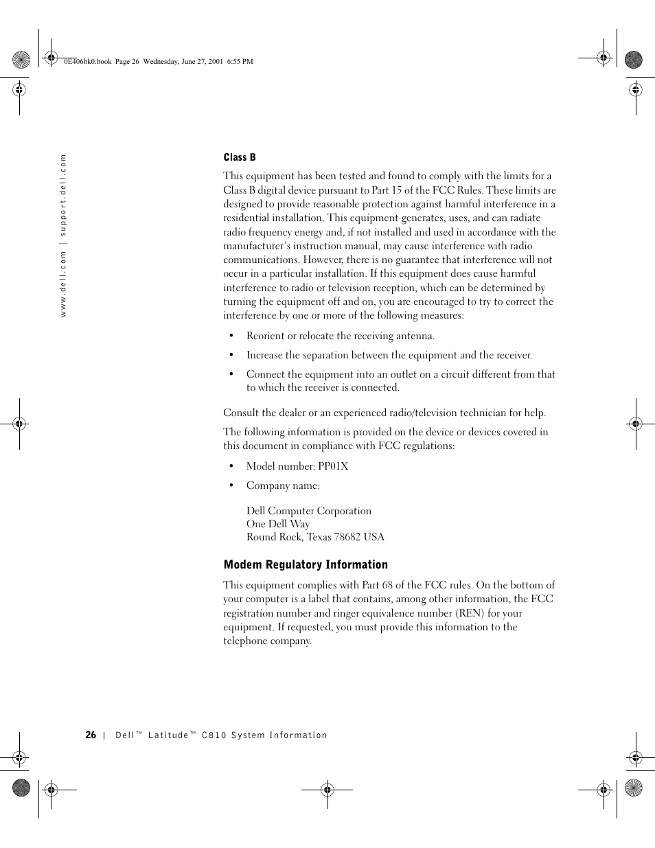 Class b, Modem regulatory information | Dell Latitude C810 User Manual | Page 28 / 146