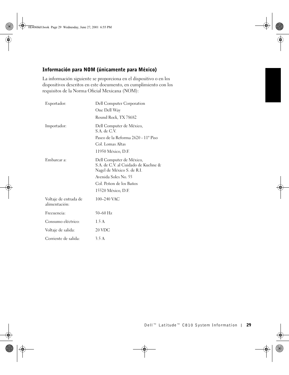 Información para nom (únicamente para méxico) | Dell Latitude C810 User Manual | Page 31 / 146