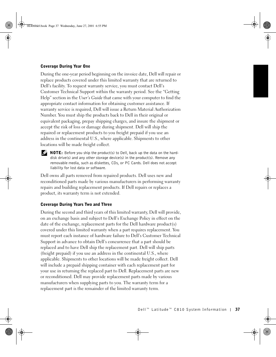 Coverage during year one, Coverage during years two and three | Dell Latitude C810 User Manual | Page 39 / 146