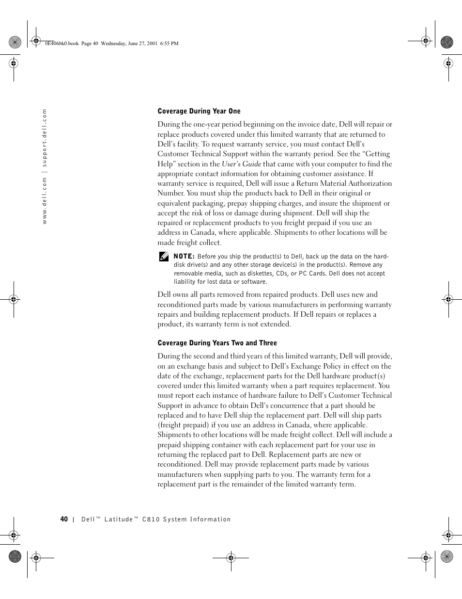 Coverage during year one, Coverage during years two and three | Dell Latitude C810 User Manual | Page 42 / 146