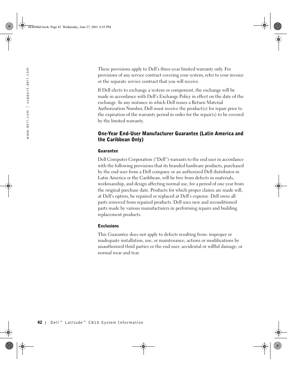 Guarantee, Exclusions | Dell Latitude C810 User Manual | Page 44 / 146