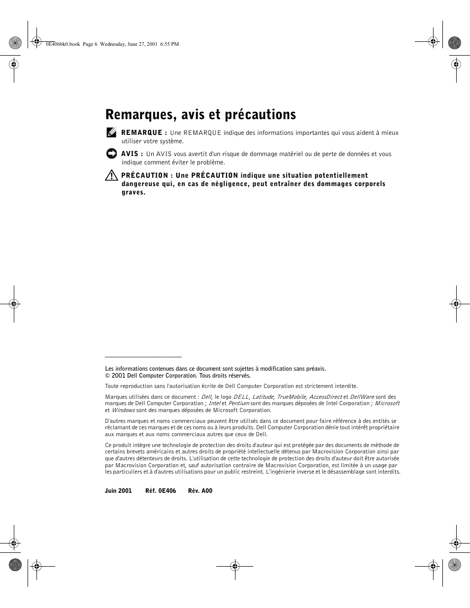 Remarques, avis et précautions | Dell Latitude C810 User Manual | Page 50 / 146