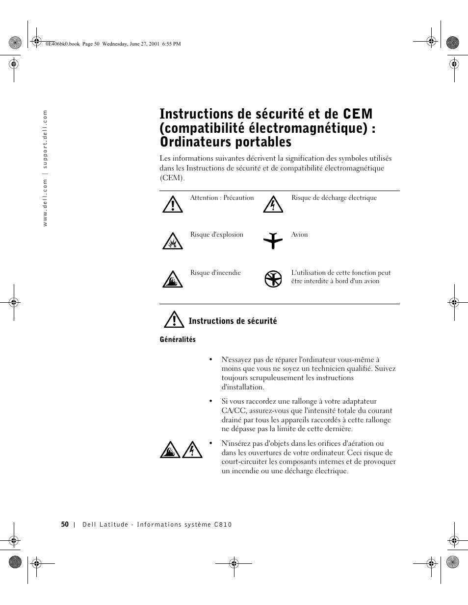 Instructions de sécurité, Généralités | Dell Latitude C810 User Manual | Page 52 / 146