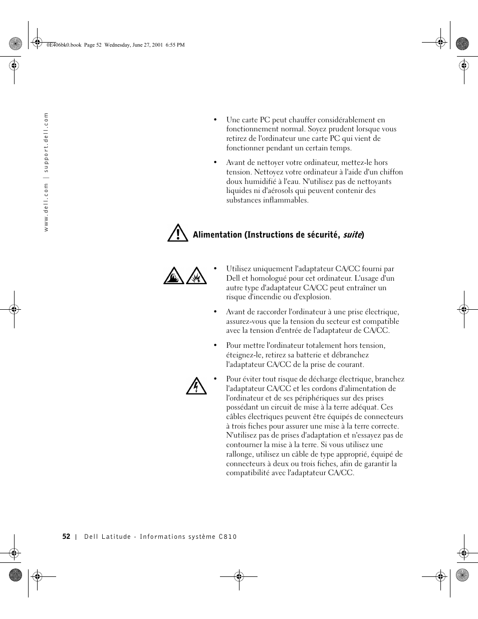 Alimentation (instructions de sécurité, suite) | Dell Latitude C810 User Manual | Page 54 / 146