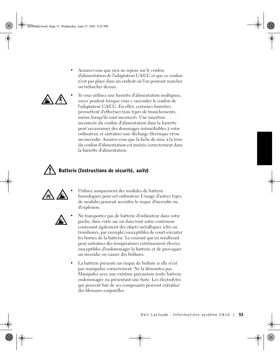 Batterie (instructions de sécurité, suite) | Dell Latitude C810 User Manual | Page 55 / 146