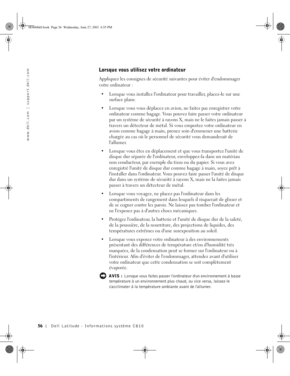 Lorsque vous utilisez votre ordinateur | Dell Latitude C810 User Manual | Page 58 / 146