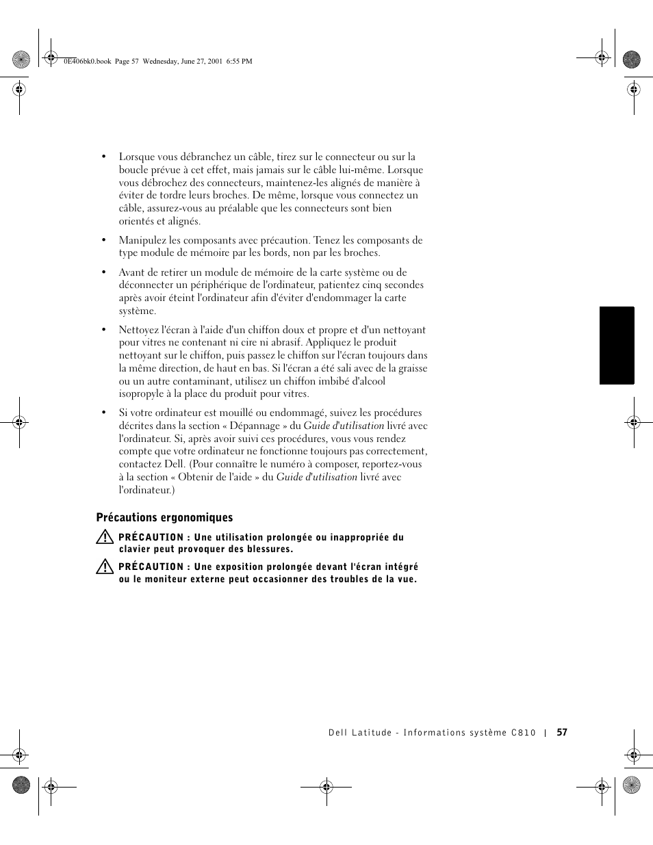 Précautions ergonomiques | Dell Latitude C810 User Manual | Page 59 / 146