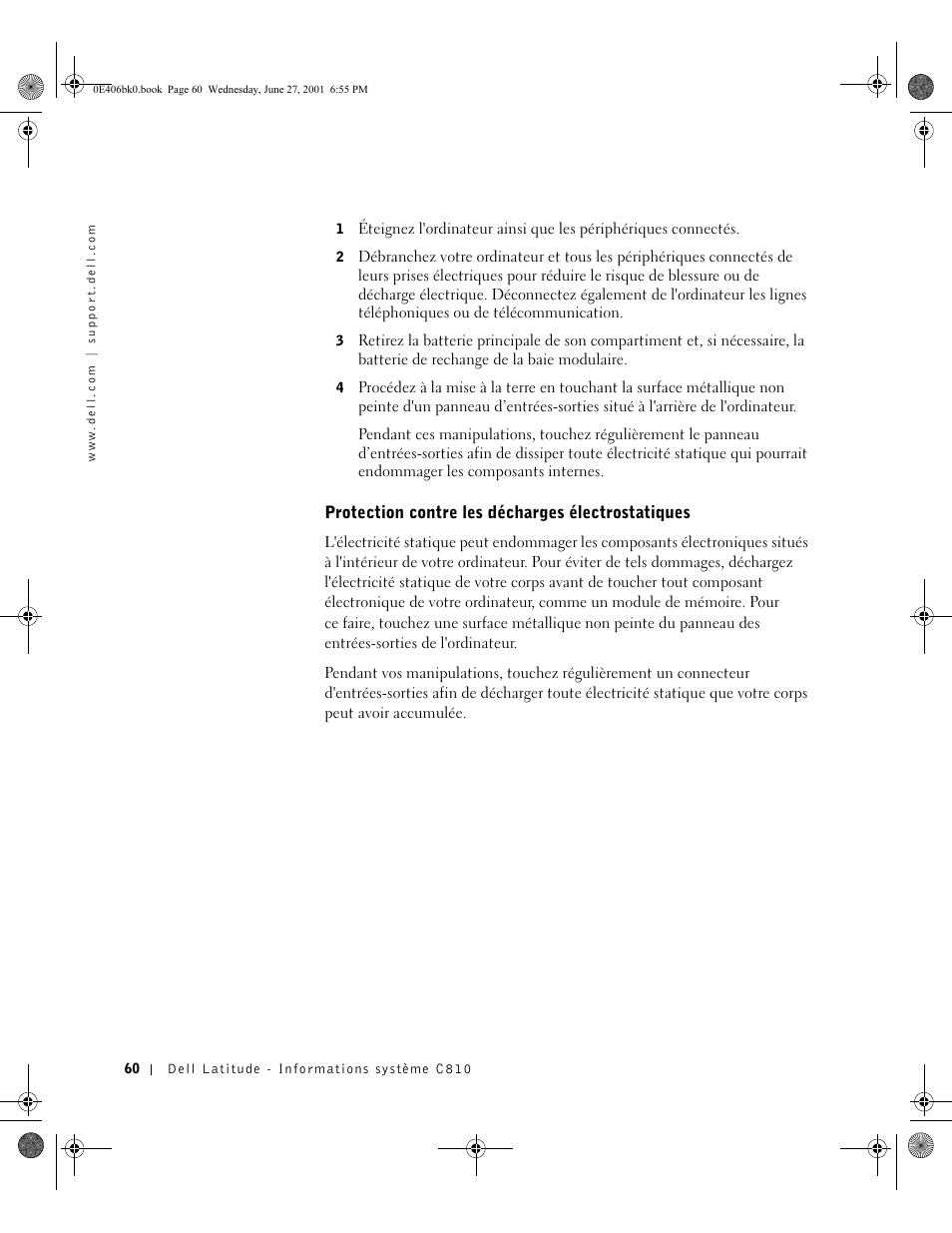 Protection contre les décharges électrostatiques | Dell Latitude C810 User Manual | Page 62 / 146