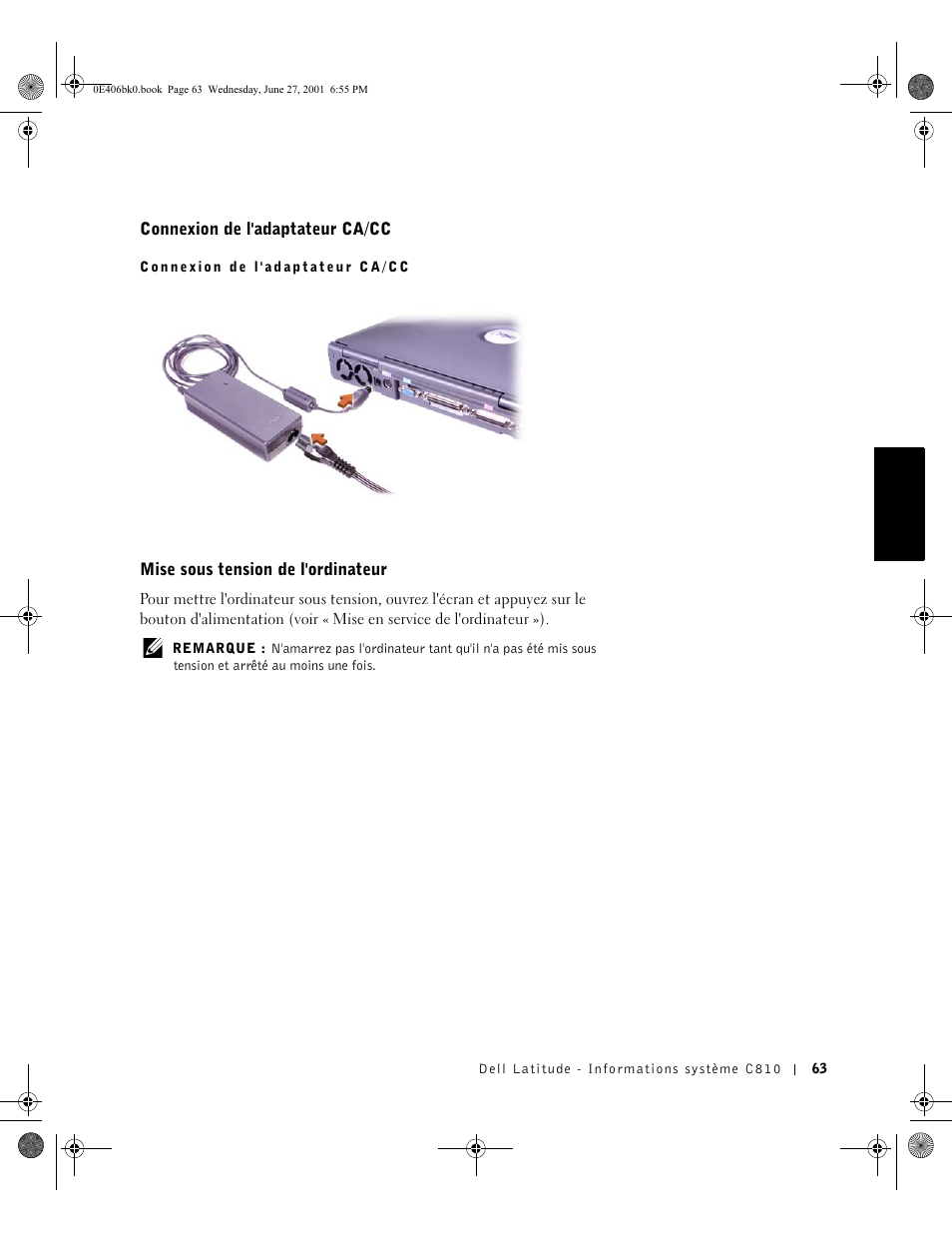 Connexion de l'adaptateur ca/cc, Mise sous tension de l'ordinateur | Dell Latitude C810 User Manual | Page 65 / 146