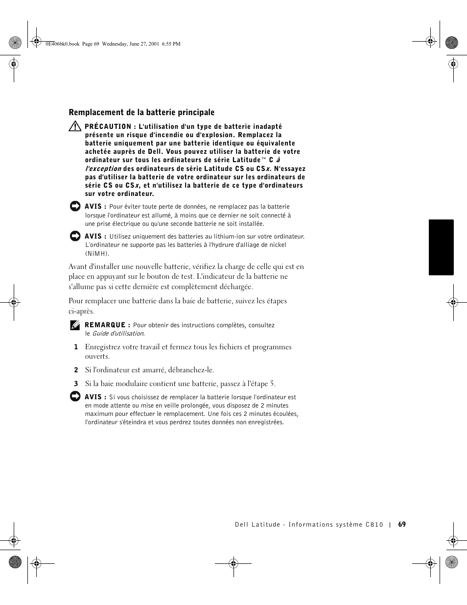 Remplacement de la batterie principale | Dell Latitude C810 User Manual | Page 71 / 146