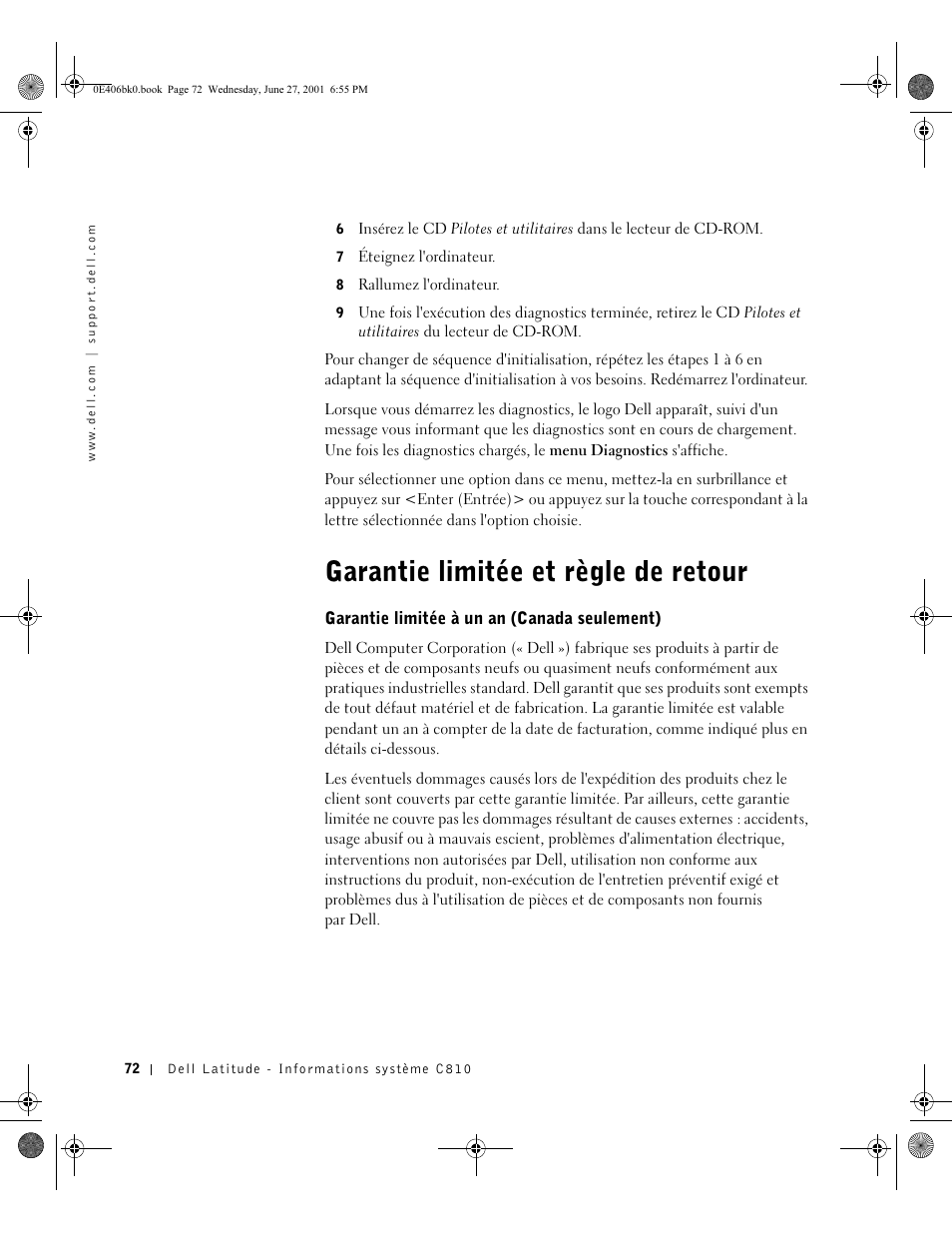 Garantie limitée et règle de retour, Garantie limitée à un an (canada seulement) | Dell Latitude C810 User Manual | Page 74 / 146