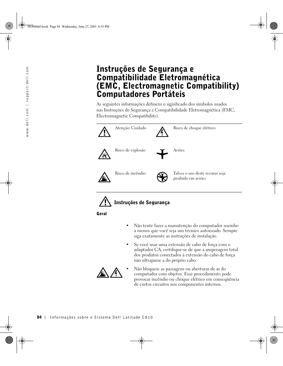 Instruções de segurança, Geral | Dell Latitude C810 User Manual | Page 86 / 146