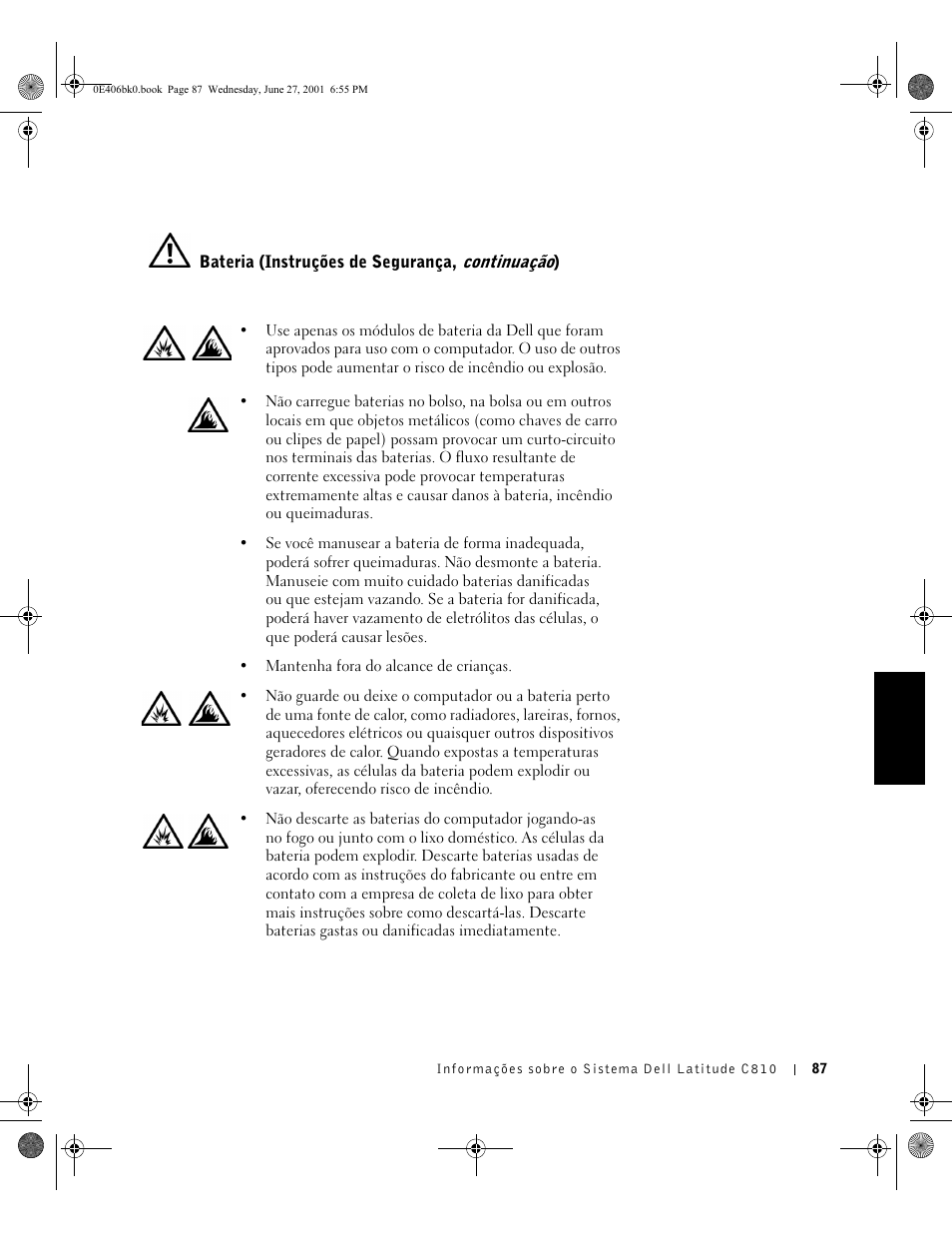Bateria (instruções de segurança, continuação) | Dell Latitude C810 User Manual | Page 89 / 146