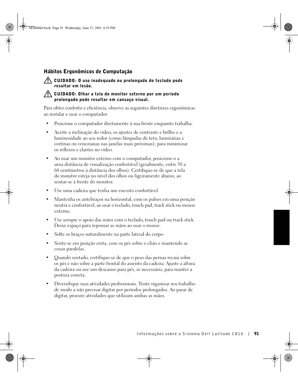 Hábitos ergonômicos de computação | Dell Latitude C810 User Manual | Page 93 / 146