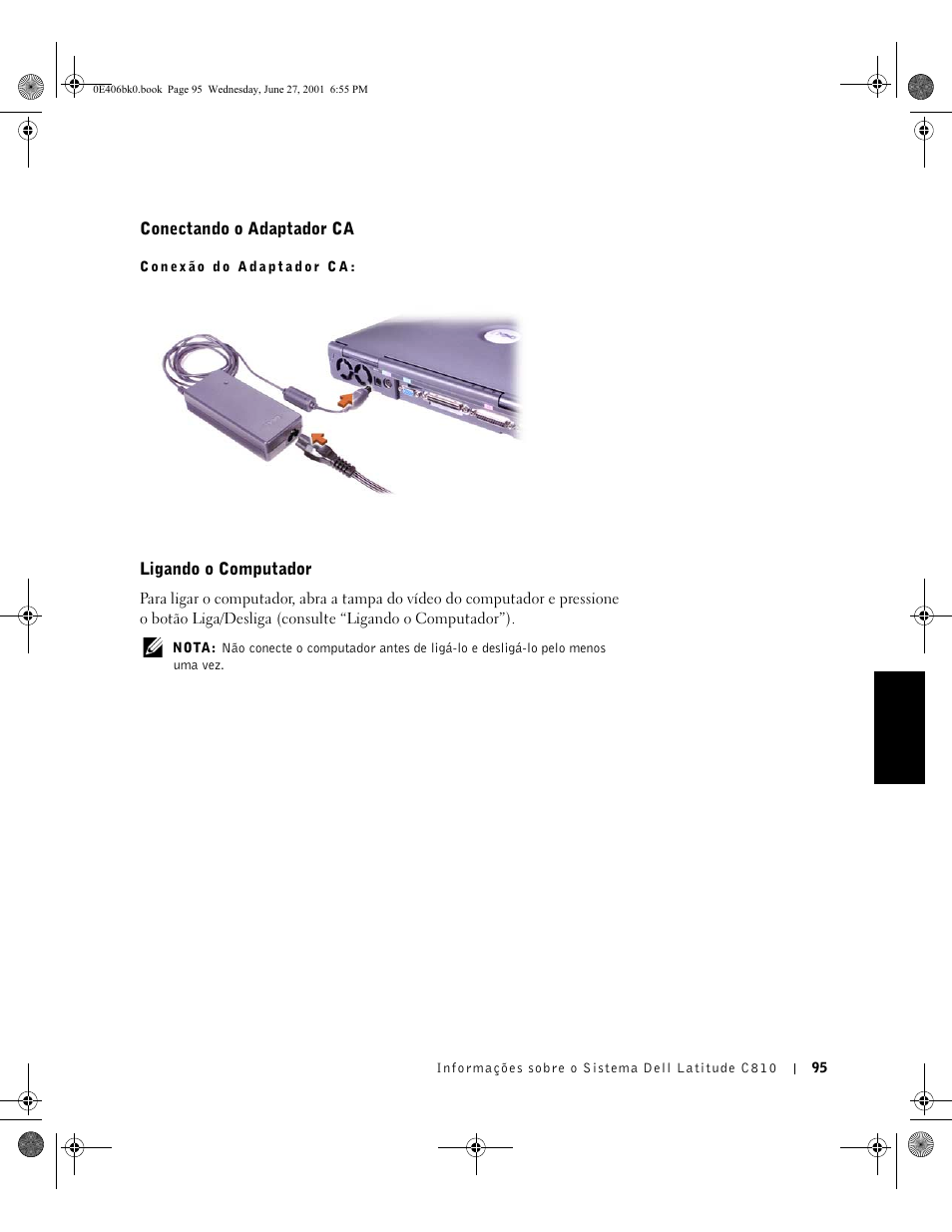 Conectando o adaptador ca, Ligando o computador | Dell Latitude C810 User Manual | Page 97 / 146