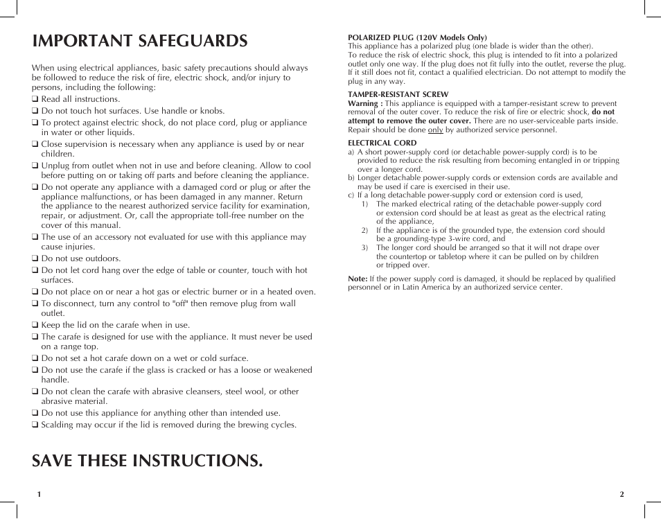 Important safeguards save these instructions | Black & Decker DCM2900W User Manual | Page 2 / 13