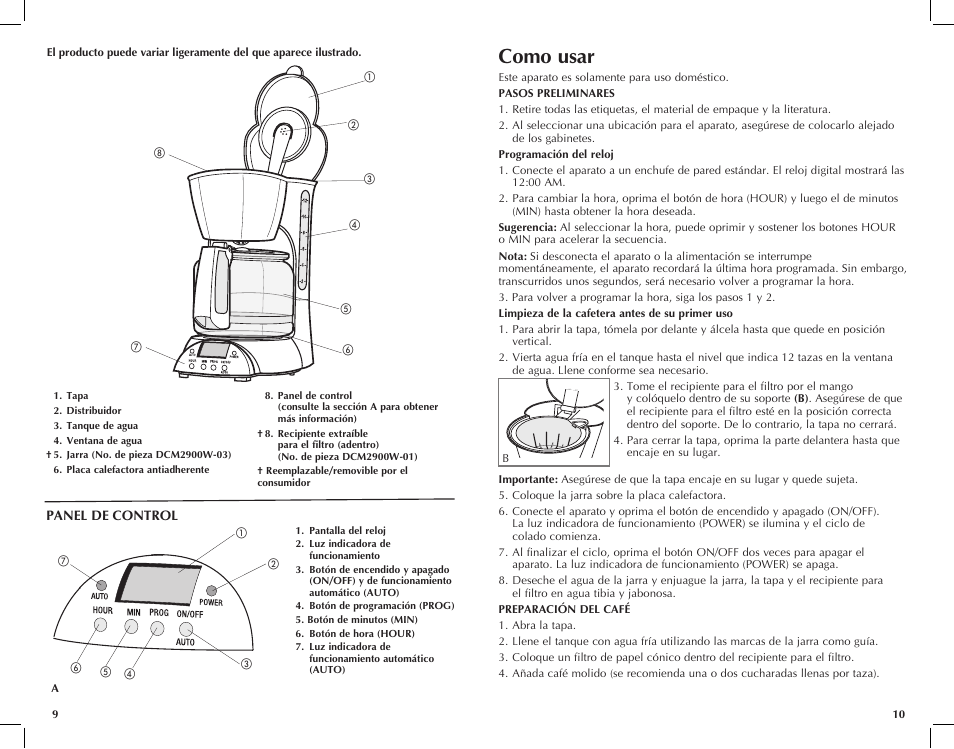 Como usar, Cuidado y limpieza | Black & Decker DCM2900W User Manual | Page 6 / 13