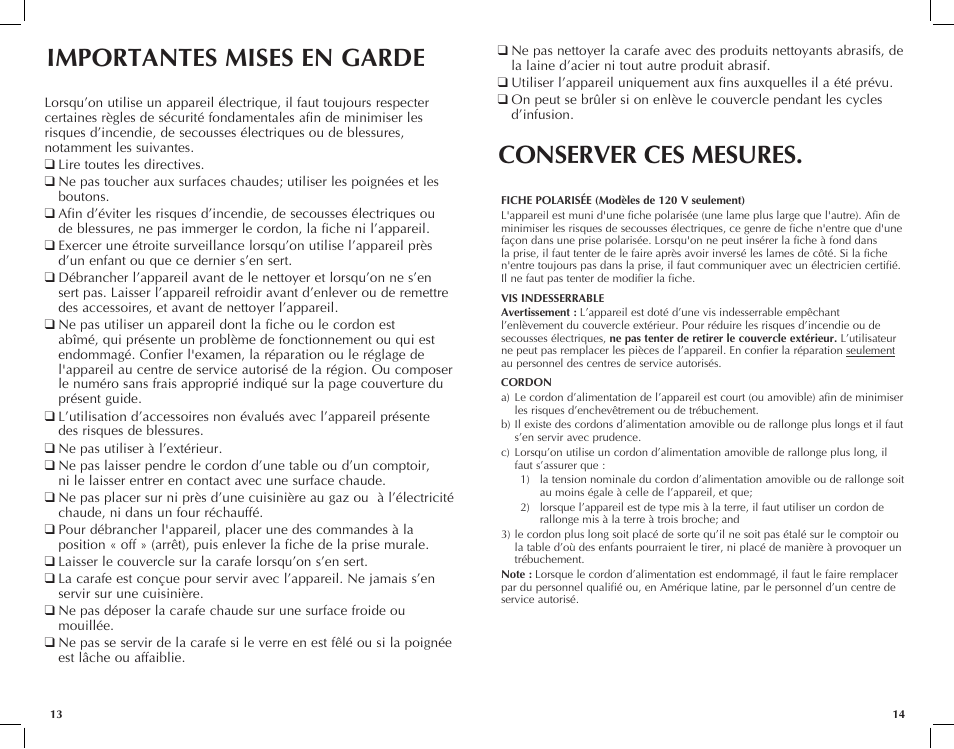 Importantes mises en garde conserver ces mesures | Black & Decker DCM2900W User Manual | Page 8 / 13