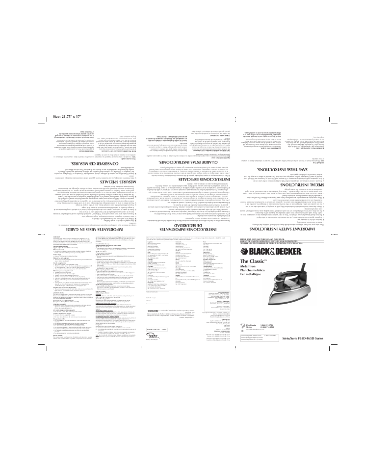 The classic, Mesures spéciales, Instrucciones especiales | Special instructions, Metal iron plancha metálica fer métallique, Série/serie f63d-f65d series | Black & Decker F65D User Manual | Page 2 / 2