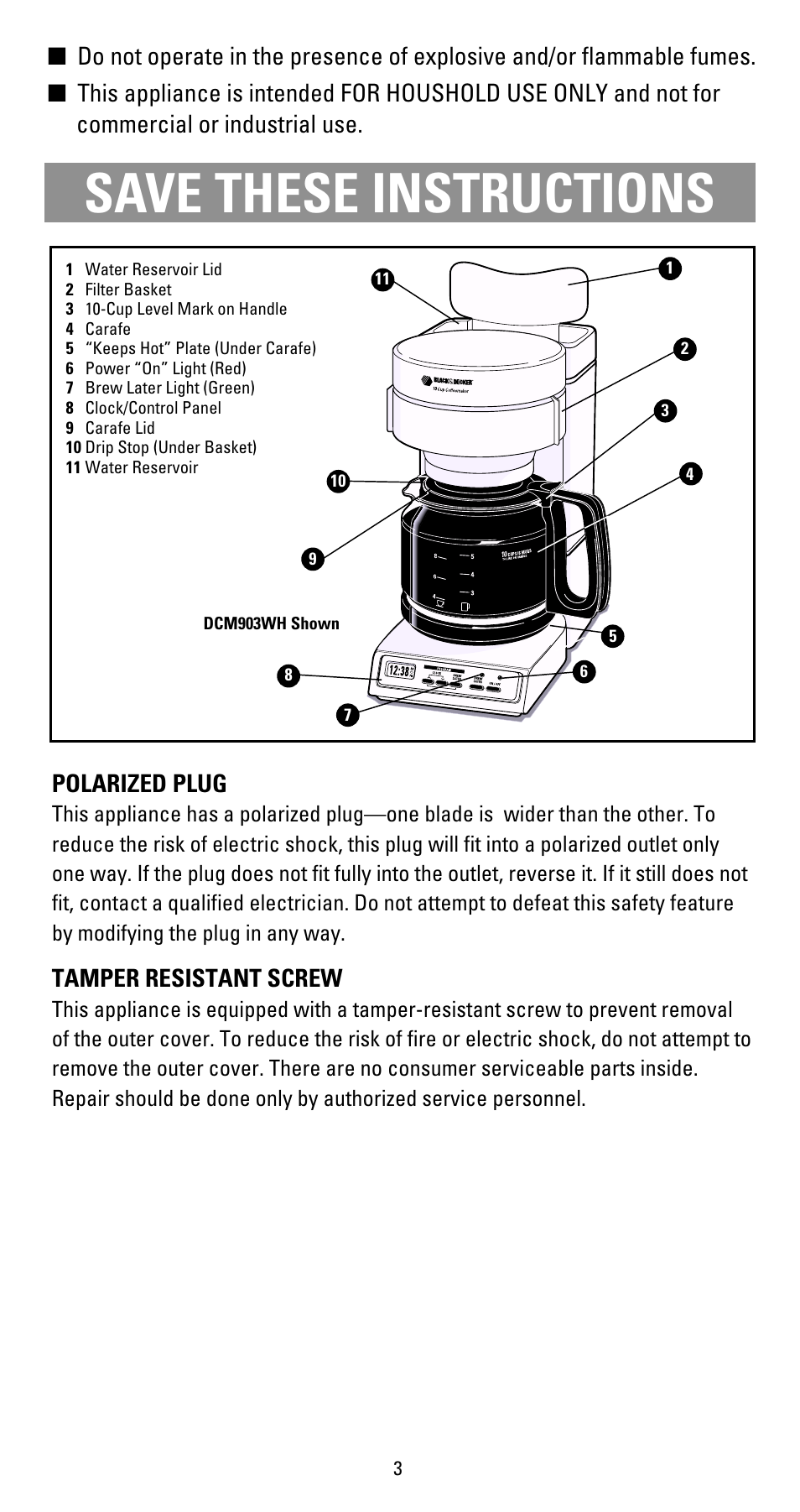 Save these instructions, Polarized plug, Tamper resistant screw | Black & Decker DCM300 Sries User Manual | Page 3 / 16