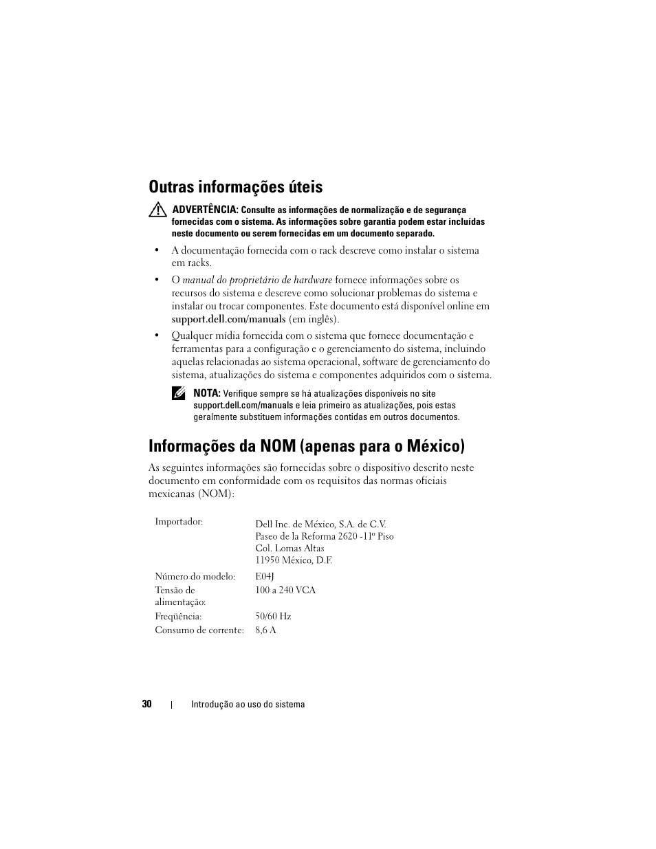 Outras informações úteis, Informações da nom (apenas para o méxico) | Dell PowerVault MD1220 User Manual | Page 32 / 54
