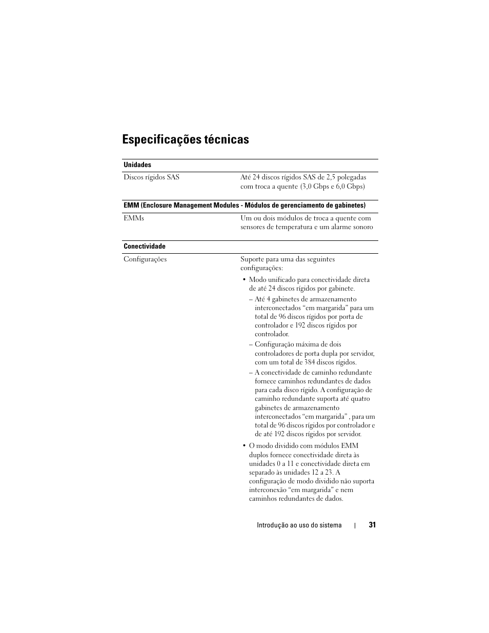 Especificações técnicas | Dell PowerVault MD1220 User Manual | Page 33 / 54