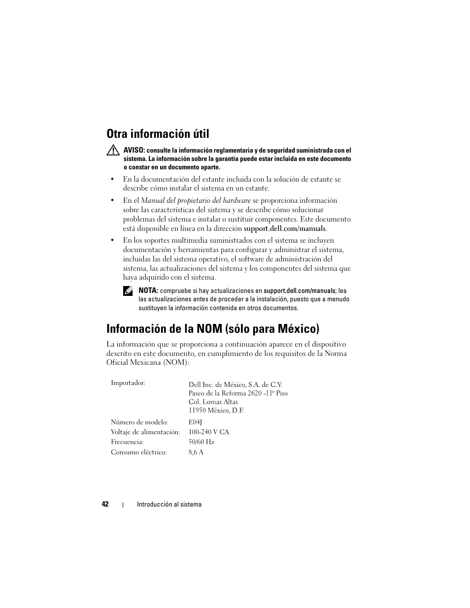 Otra información útil, Información de la nom (sólo para méxico) | Dell PowerVault MD1220 User Manual | Page 44 / 54