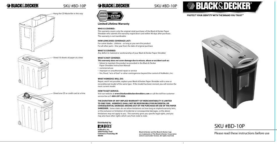 Black & Decker Paper Shredder BD-10P User Manual | 2 pages