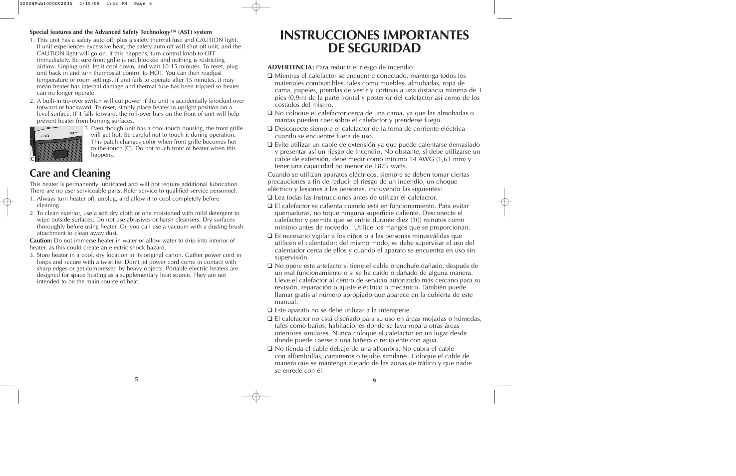 Instrucciones importantes de seguridad, Care and cleaning | Black & Decker 200UH User Manual | Page 4 / 13