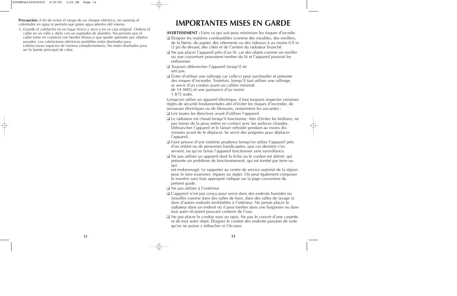 Importantes mises en garde | Black & Decker 200UH User Manual | Page 7 / 13