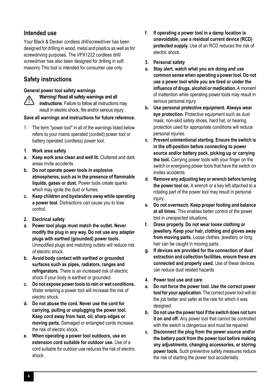 Intended use, Safety instructions | Black & Decker VPX1222 User Manual | Page 4 / 16