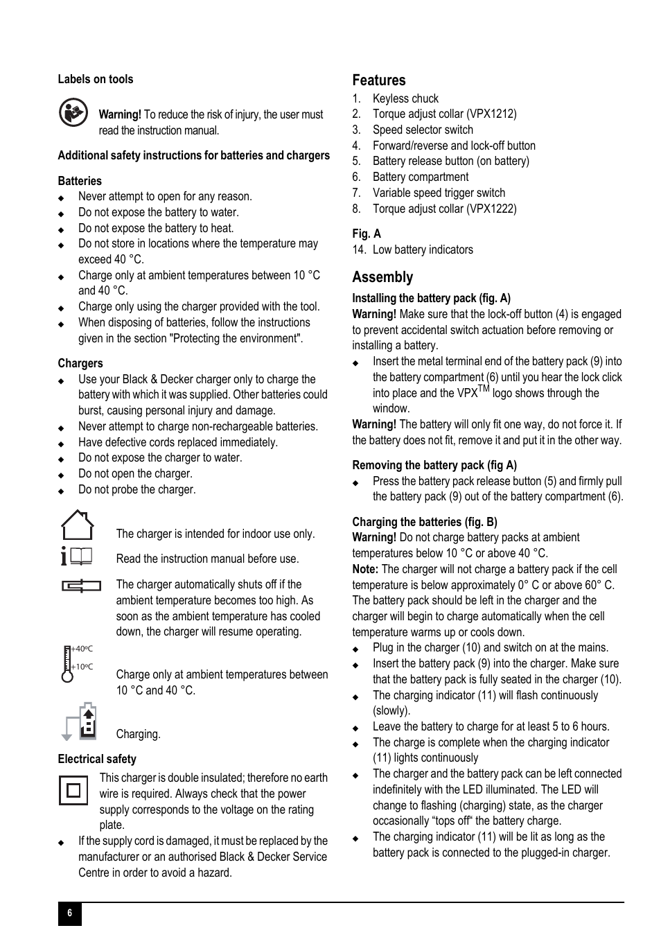 Features, Assembly | Black & Decker VPX1222 User Manual | Page 6 / 16