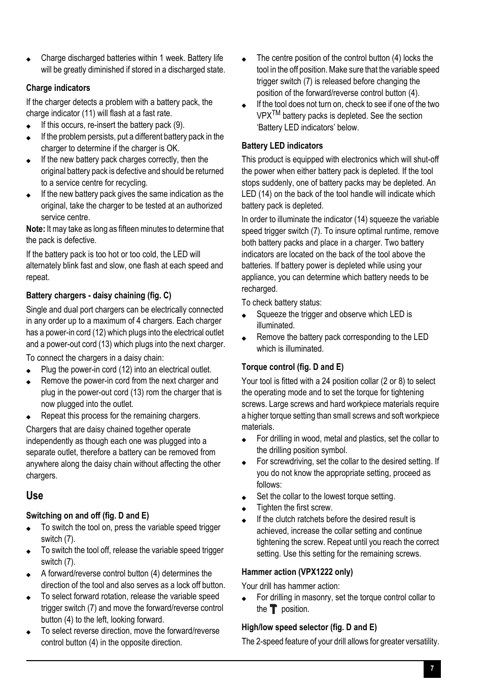 If this occurs, re-insert the battery pack (9), Switching on and off (fig. d and e), Set the collar to the lowest torque setting | Tighten the first screw | Black & Decker VPX1222 User Manual | Page 7 / 16