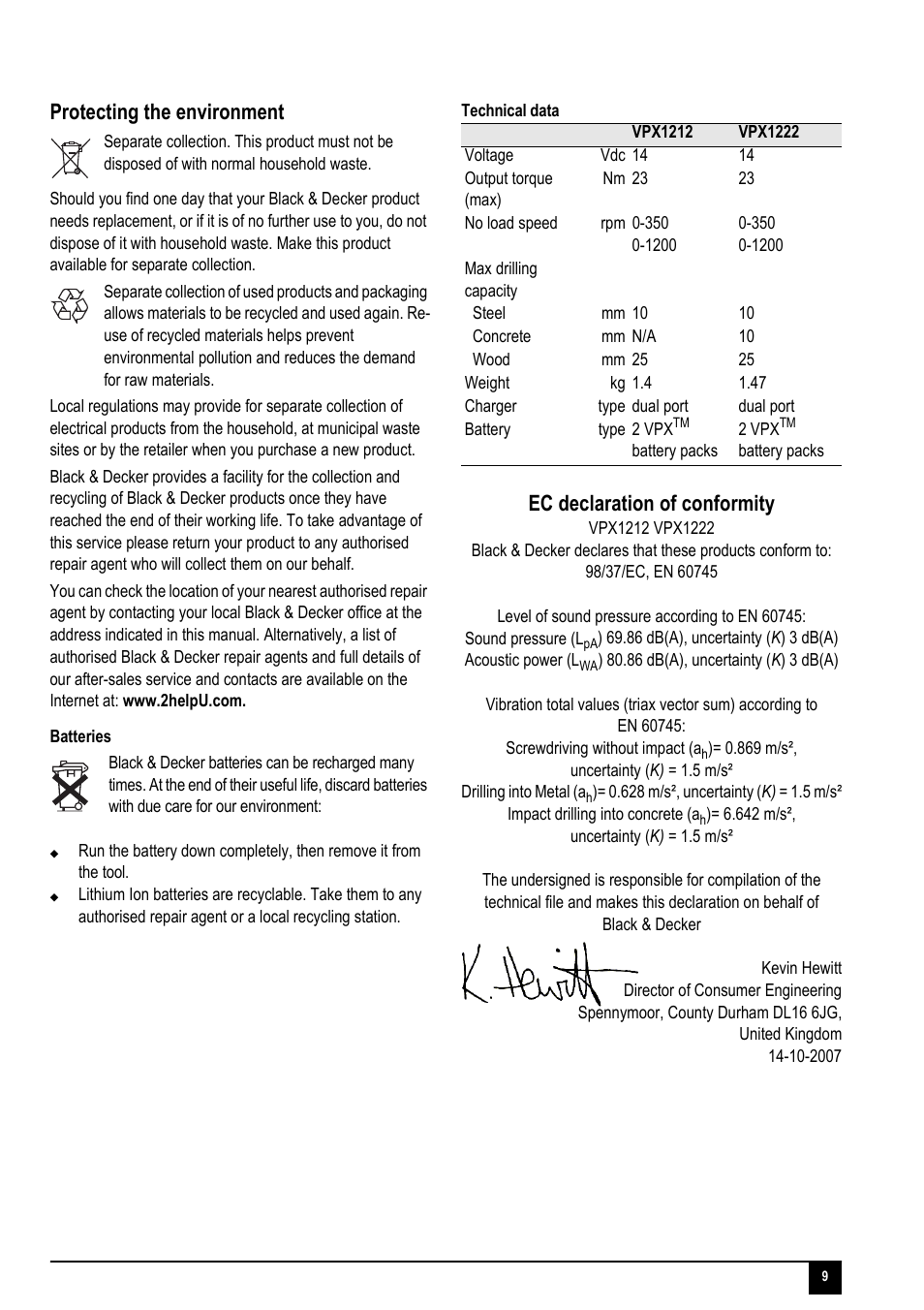 Protecting the environment, Ec declaration of conformity | Black & Decker VPX1222 User Manual | Page 9 / 16