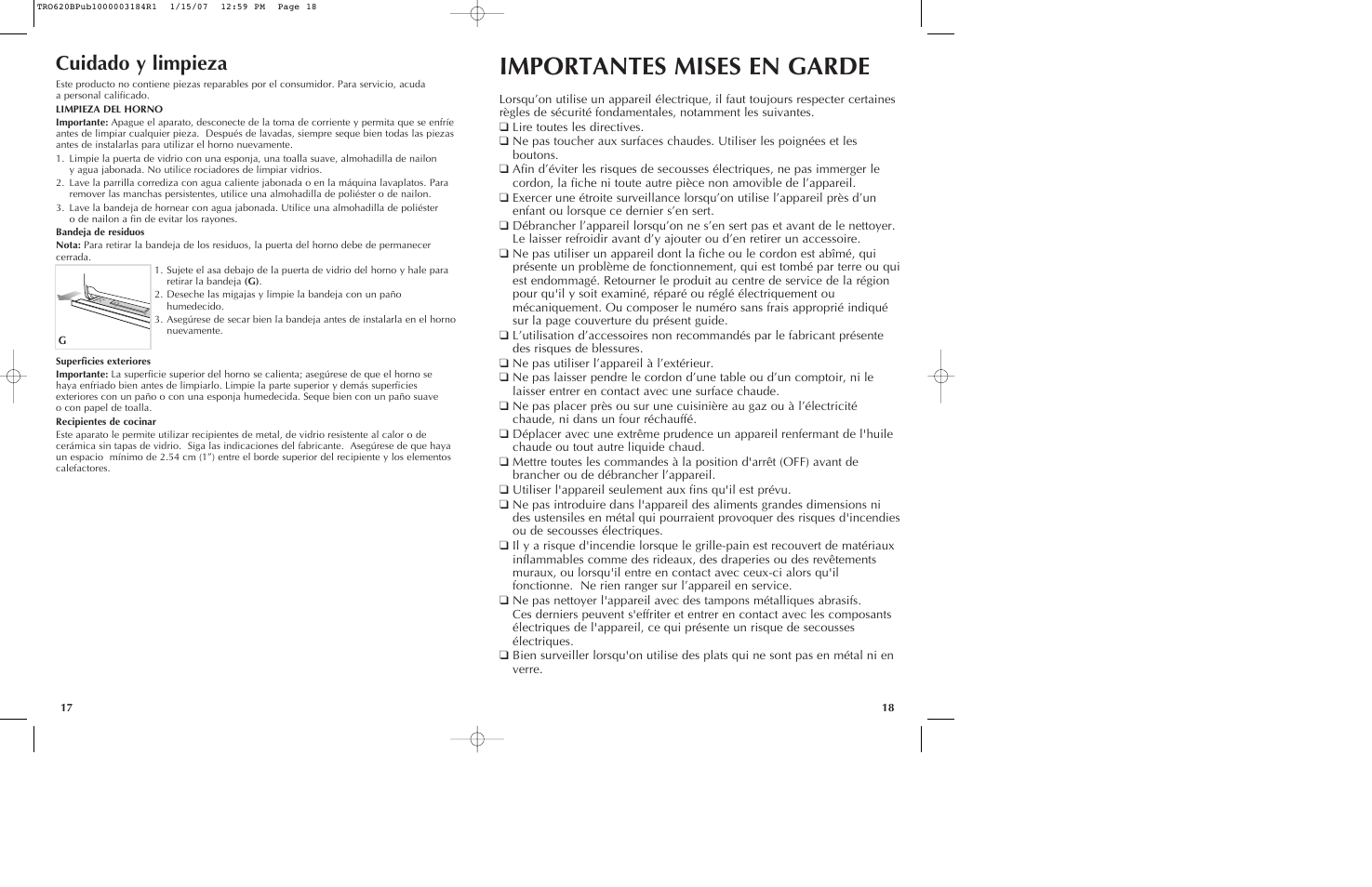 Importantes mises en garde, Cuidado y limpieza | Black & Decker TRO620 User Manual | Page 10 / 17