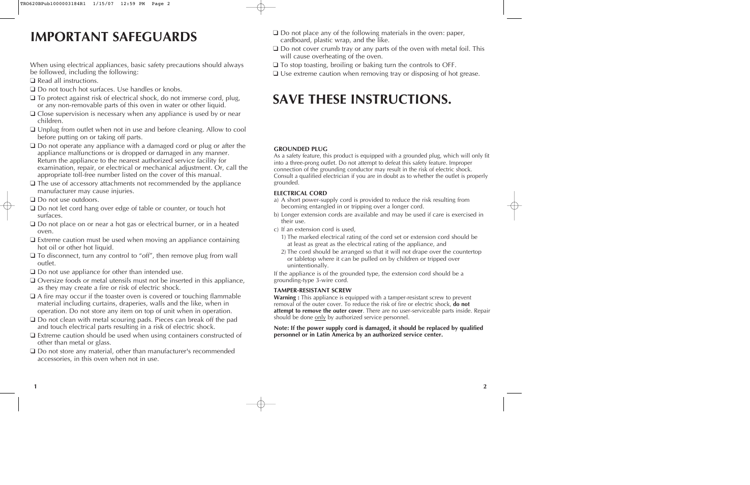 Important safeguards save these instructions | Black & Decker TRO620 User Manual | Page 2 / 17